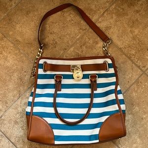 Michael Kors Blue/White Striped Canvas Bag with Brown Leather Trim